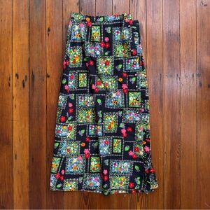 Vintage button down ruffle black & neon floral maxi pencil skirt